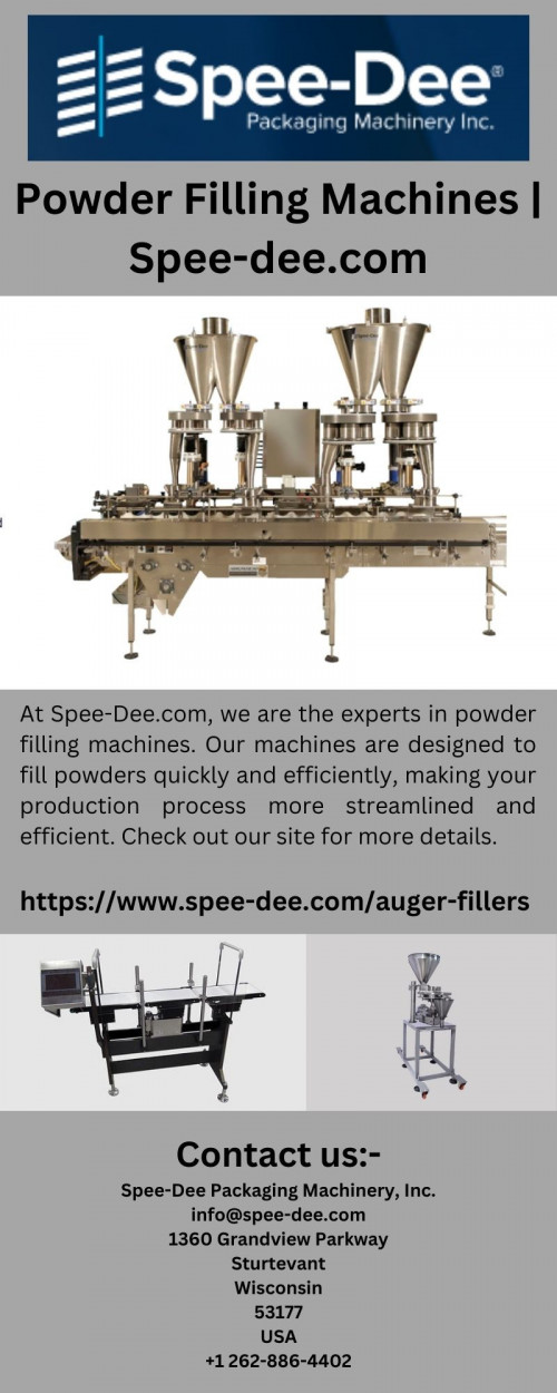 At Spee-Dee.com, we are the experts in powder filling machines. Our machines are designed to fill powders quickly and efficiently, making your production process more streamlined and efficient. Check out our site for more details.

https://www.spee-dee.com/auger-fillers