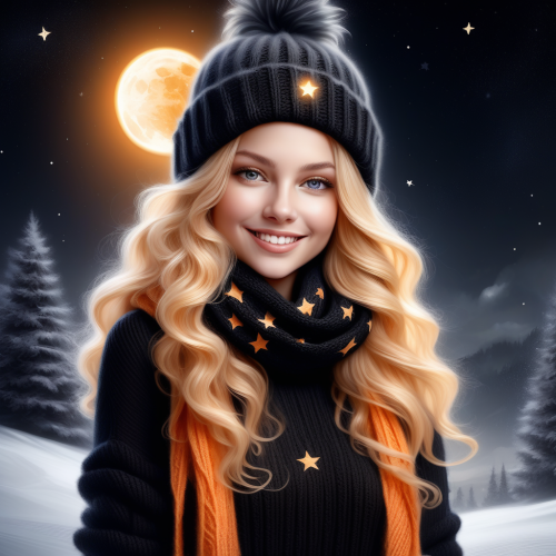 a beutifull fluffy woman full body face in the camera light apricot orangen long blond waves curl 10