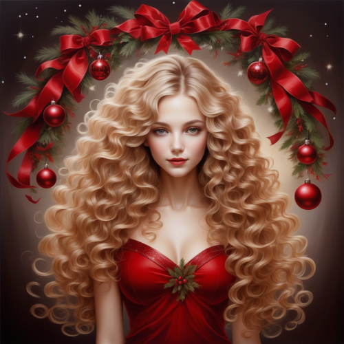 full body beautiful brown blond long waves curls centered red christmas decoration painting myst 712