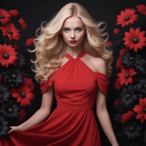 blonde in a red dress on a background of black flowers 365675730