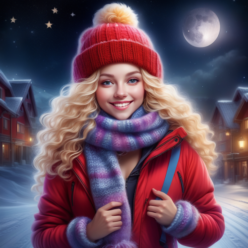 beautiful fluffy woman full body face in camera red jacket long blonde curly hair light smile 883888