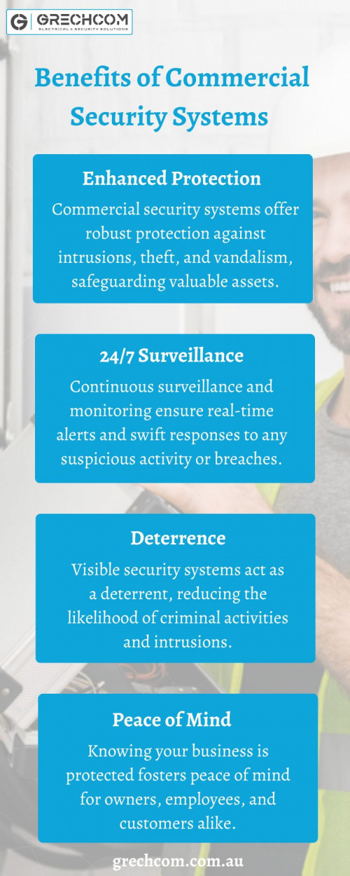 Embrace smart security solutions tailored to your business needs. Our commercial security systems offer intelligent features, including remote access control and AI-powered surveillance, enabling proactive threat detection and efficient risk management. Safeguard your business with cutting-edge technologies that adapt and evolve.https://www.grechcom.com.au/commercial-security-services/