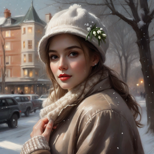 half body of a beautiful woman in a romantic vintage winterscene wear a warm wintercoat and a hat 46