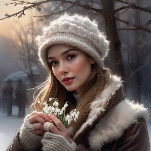 half body of a beautiful woman in a romantic vintage winterscene wear a warm wintercoat and a hat 63