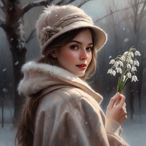 half body of a beautiful woman in a romantic vintage winterscene wear a warm wintercoat and a hat 63