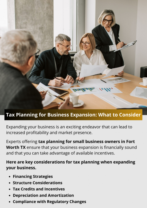 Proactive tax planning is a fundamental aspect of successfully expanding your business. Engage with tax professionals who can provide personalized advice based on your unique circumstances. By carefully considering the tax implications of your expansion, you can optimize your financial position, maximize tax benefits, and set the stage for sustained growth in the years to come. To know more visit here https://www.alignedwealthadv.com/tax-planning-fort-worth-tx