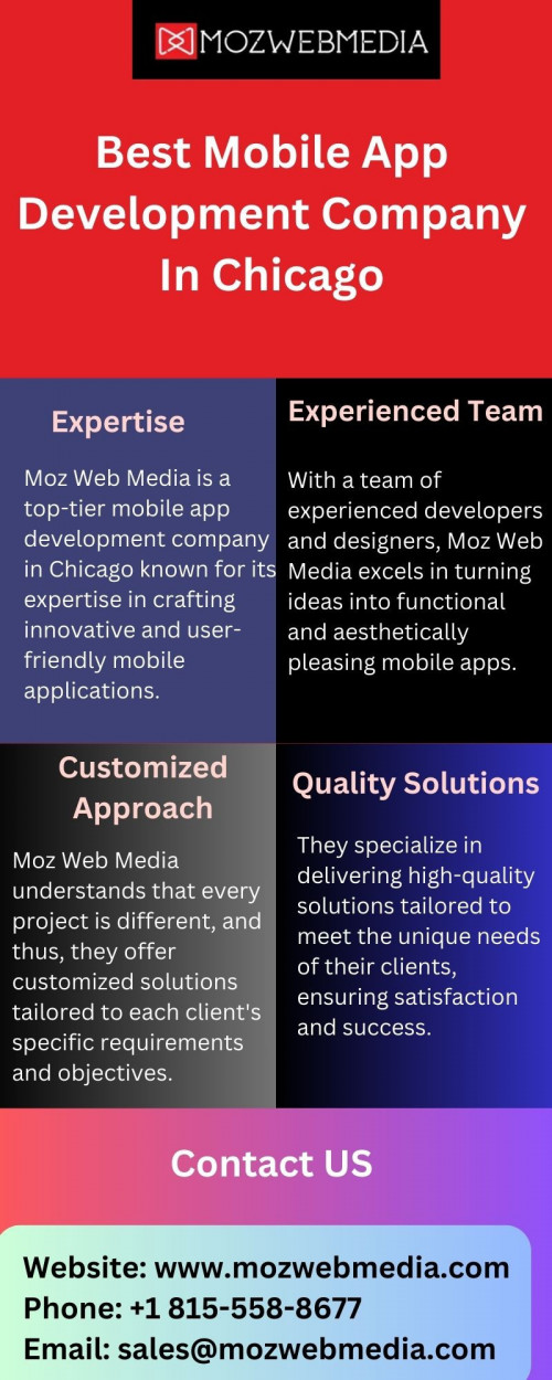Are you looking to turn your innovative ideas into functional mobile applications? Look no further! Our expert team specializes in mobile app development Chicago, catering to your unique requirements and business goals. Whether you're a startup, small business, or enterprise, we're here to transform your vision into reality. With a focus on user experience and cutting-edge technology, we ensure your app stands out in the competitive market. Contact us now!

Visit: https://www.mozwebmedia.com/services/mobile-application-development/