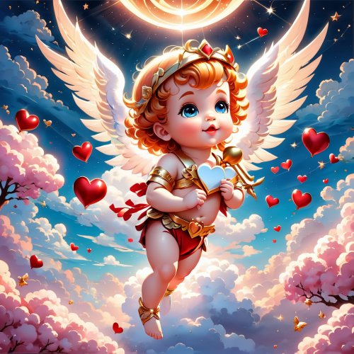 beautiful celestial scene with cartoon cupid babies and clouds valentines day love themed image 