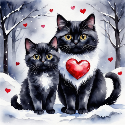 beautiful fluffy cute black cat and gray cat big expressive eyes holding a heart in their paws sn