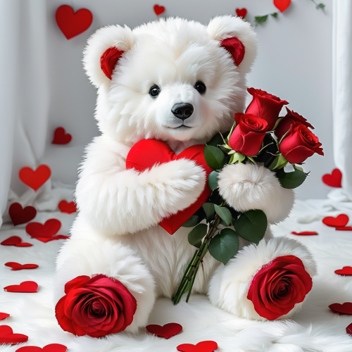 a fluffy white bear holds a heart of scarlet roses in its paws