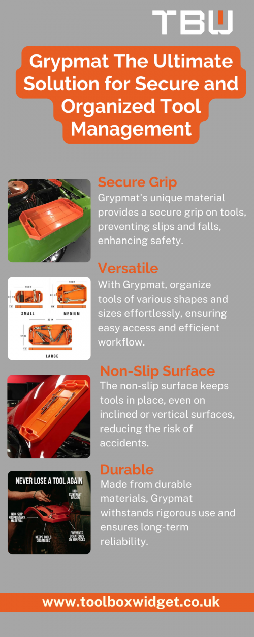 Discover the revolutionary Grypmat, your go-to tool management solution for a secure and organized workspace. This non-slip, anti-static, and chemical-resistant mat keeps tools in place, preventing costly accidents. With Grypmat, enjoy easy access to your tools while working efficiently