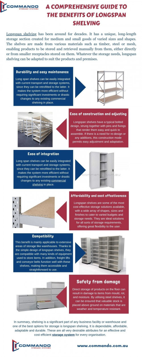 shelving is a significant part of any business facility or warehouse and one of the best options for storage is longspan shelving. It is dependable, affordable, adaptable and durable. These are all very desirable attributes for an effective and cost efficient storage system for every organisation. Read more: https://www.commando.com.au/products/shelving/long-span-shelving/


#longspanshelvingmelbourne #commercialshelving #storagesystems