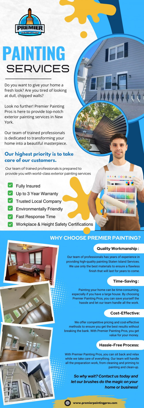 In the world of home improvement, a fresh coat of paint has the power to transform any space. However, achieving that perfect finish requires skill, precision, and a touch of artistic flair. That's where professional painting services come into play, providing homeowners with the expertise needed to breathe new life into their interiors and exteriors. In this blog, we'll explore the diverse range of services offered by Premier Painting, covering everything from interior and exterior painting to specialized techniques like Venetian plaster, drywall repair, staining, and cabinet refinishing.

Official Website: https://www.premierpaintingpros.com/

Click here for More Information: https://www.premierpaintingpros.com/commercial/

Premier Painting Pros
Address: 182 Titus Ave, Staten Island, NY 10306, United States
Phone : +13474009740

Google Map URL: https://maps.app.goo.gl/YhXsGx5Rxh3Sh9uVA

Business Site: https://bnb-painting.business.site/

Our Profile: https://gifyu.com/premierpaintpros

Next Info: https://is.gd/gQ4Opy