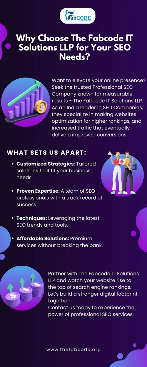 Searching for a reliable professional SEO company to enhance your online presence? Look no further than The Fabcode IT Solutions LLP! As a top-rated SEO Company in India, we deliver tailored strategies to help your business achieve higher rankings, attract more traffic, and drive meaningful conversions. For more info, visit: https://bit.ly/4f1038X