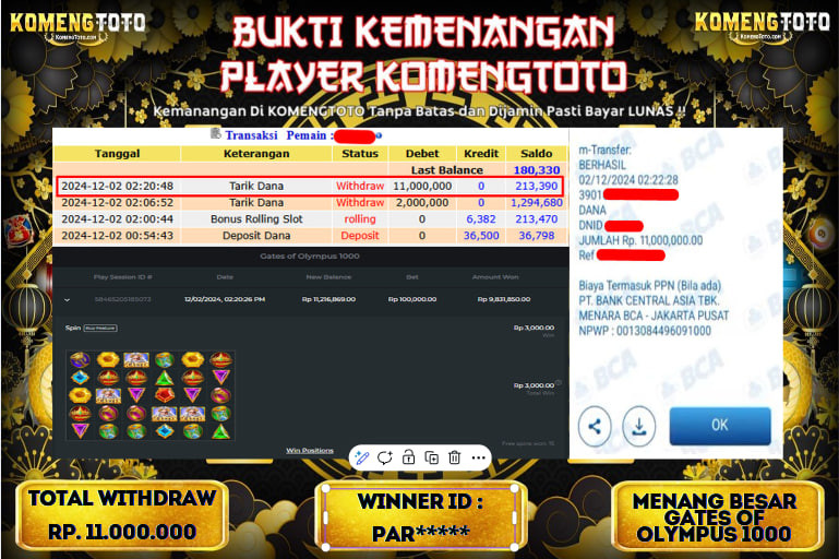 LAGI & LAGI!! KEMENANGAN BESAR DI SLOT  GATES OF OLYMPUS 1000  SEBESAR Rp.11.000.000 KOMENGTOTO BAYAR LUNAS SECEPAT KILAT !! KOMENGTOTO BAYAR SECEPAT KILAT !!