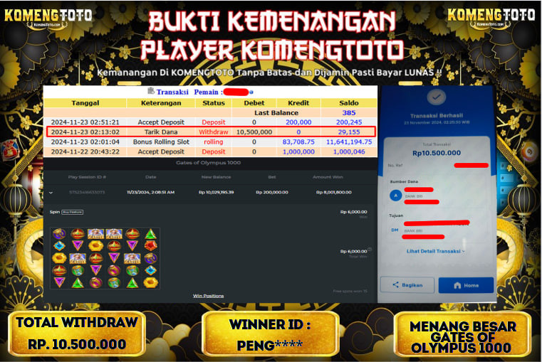 LAGI & LAGI!! KEMENANGAN BESAR DI SLOT  GATES OF OLYMPUS 1000  SEBESAR Rp.10.500.000 KOMENGTOTO BAYAR LUNAS SECEPAT KILAT !! KOMENGTOTO BAYAR SECEPAT KILAT !!
