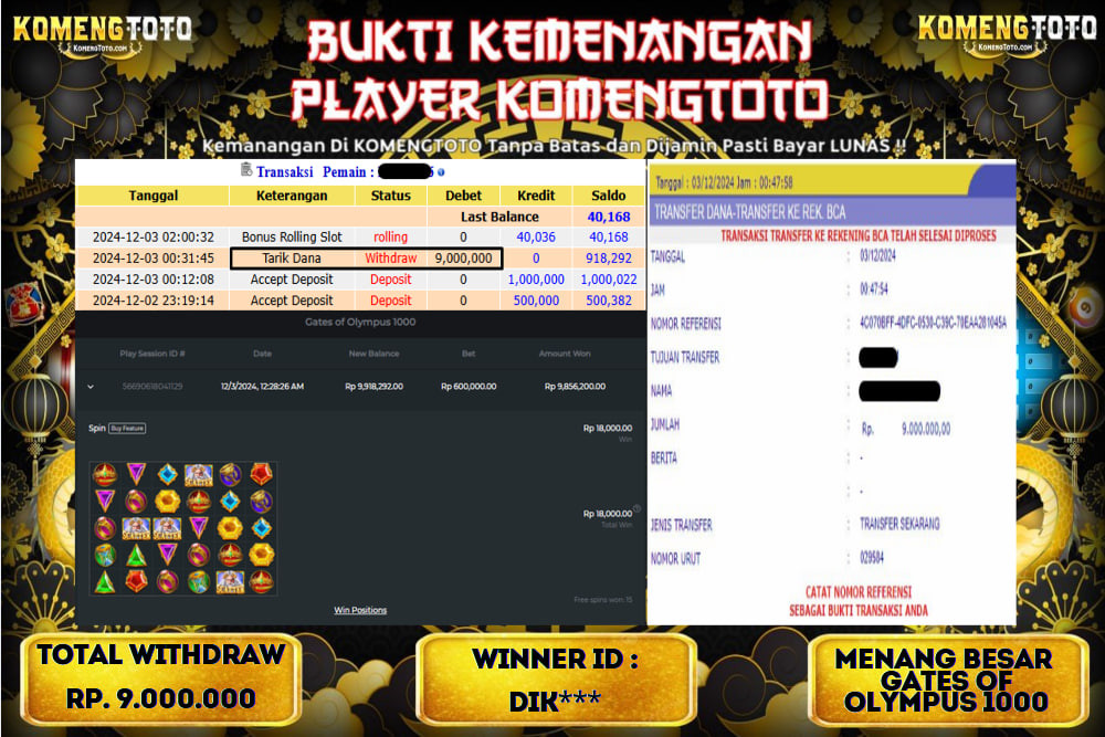 LAGI & LAGI!! KEMENANGAN BESAR DI SLOT  GATES OF OLYMPUS 1000  SEBESAR Rp.9.000.000 KOMENGTOTO BAYAR LUNAS SECEPAT KILAT !! KOMENGTOTO BAYAR SECEPAT KILAT !!