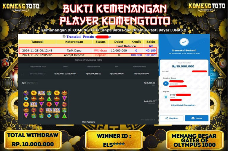 LAGI & LAGI!! KEMENANGAN BESAR DI SLOT  GATES OF OLYMPUS 1000  SEBESAR Rp.10.000.000 KOMENGTOTO BAYAR LUNAS SECEPAT KILAT !! KOMENGTOTO BAYAR SECEPAT KILAT !!