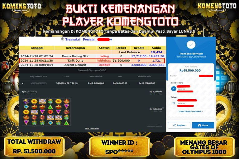 LAGI & LAGI!! KEMENANGAN BESAR DI SLOT  GATES OF OLYMPUS 1000  SEBESAR Rp.51.500.000 KOMENGTOTO BAYAR LUNAS SECEPAT KILAT !! KOMENGTOTO BAYAR SECEPAT KILAT !!