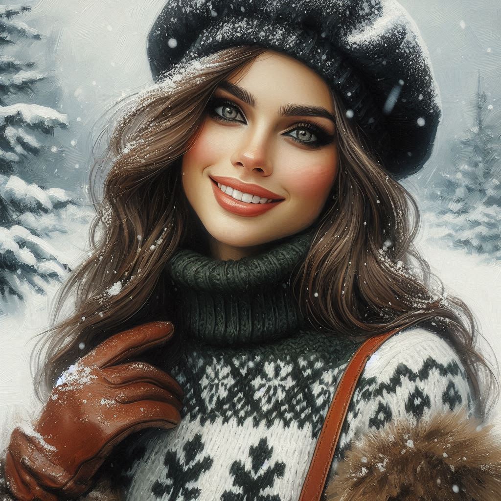 tempera oil, relaxed pose, winter, beautiful Russian woman with brown hair, gray eyes, makeup, smile