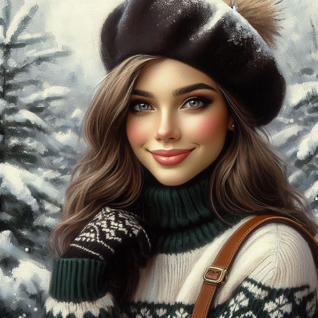 tempera oil, relaxed pose, winter, beautiful Russian woman with brown hair, gray eyes, makeup, smile