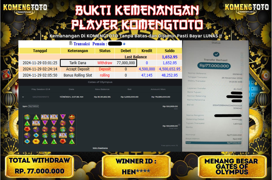 LAGI & LAGI!! KEMENANGAN BESAR DI SLOT  GATES OF OLYMPUS  SEBESAR Rp.77.000.000 KOMENGTOTO BAYAR LUNAS SECEPAT KILAT !! KOMENGTOTO BAYAR SECEPAT KILAT !!