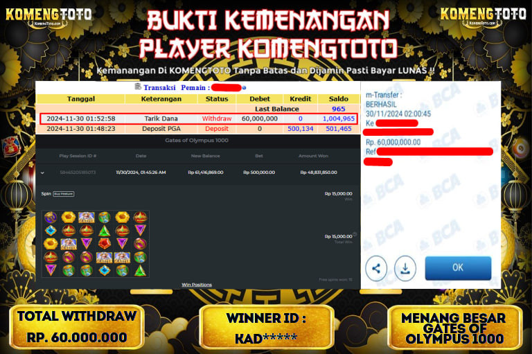 LAGI & LAGI!! KEMENANGAN BESAR DI SLOT  GATES OF OLYMPUS 1000  SEBESAR Rp.60.000.000 KOMENGTOTO BAYAR LUNAS SECEPAT KILAT !! KOMENGTOTO BAYAR SECEPAT KILAT !!