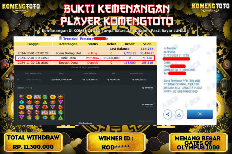 LAGI & LAGI!! KEMENANGAN BESAR DI SLOT  GATES OF OLYMPUS 1000  SEBESAR Rp.11.300.000 KOMENGTOTO BAYAR LUNAS SECEPAT KILAT !! KOMENGTOTO BAYAR SECEPAT KILAT !!