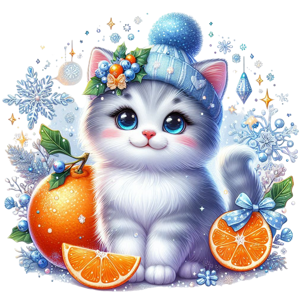 Cute charming blue and white kitten in winter style with tangerine, snowflakes and sequins winter cl