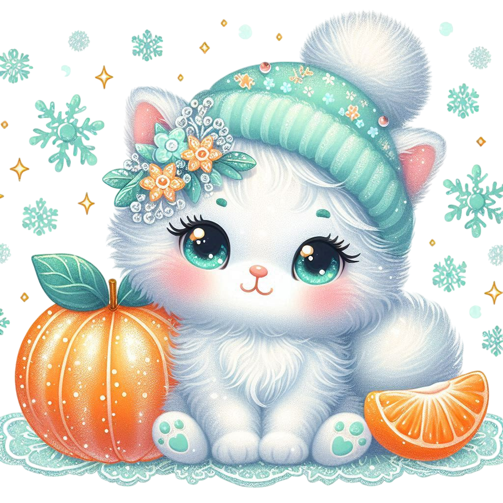 Cute charming mint white kitten in winter style with tangerine, snowflakes and sequins clipart for c