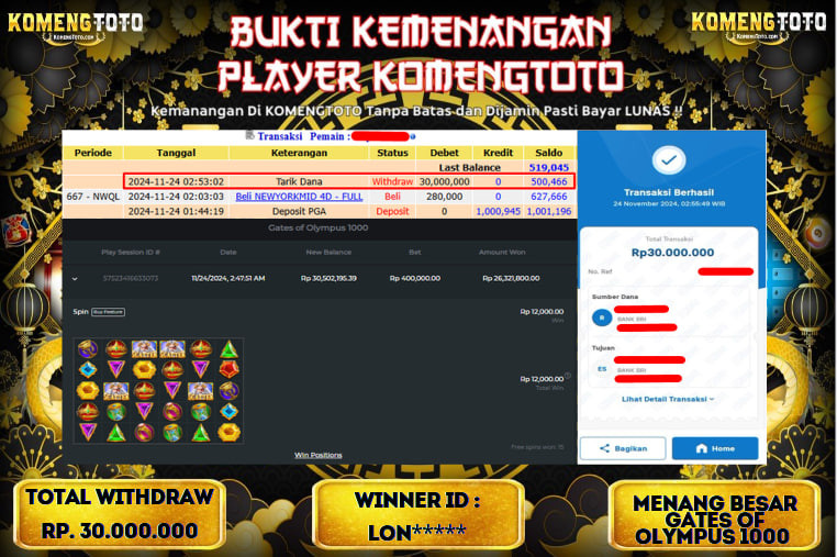 LAGI & LAGI!! KEMENANGAN BESAR DI SLOT  GATES OF OLYMPUS 1000  SEBESAR Rp.30.000.000 KOMENGTOTO BAYAR LUNAS SECEPAT KILAT !! KOMENGTOTO BAYAR SECEPAT KILAT !!