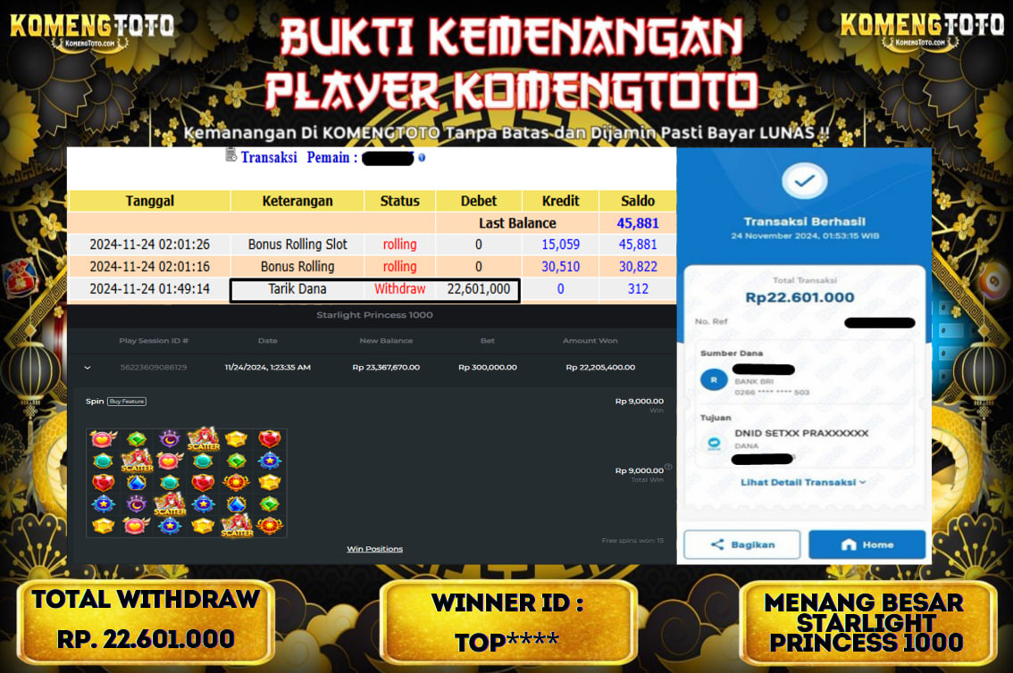 LAGI & LAGI!! KEMENANGAN BESAR DI SLOT  STARLIGHT PRINCES 1000 SEBESAR Rp.22.601.000 KOMENGTOTO BAYAR LUNAS SECEPAT KILAT !! KOMENGTOTO BAYAR SECEPAT KILAT !!