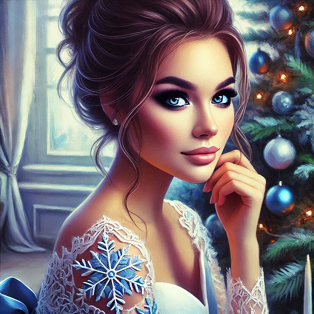 a beautiful elegant woman with expressive eyes, with evening makeup, with her hair styled, in a whit