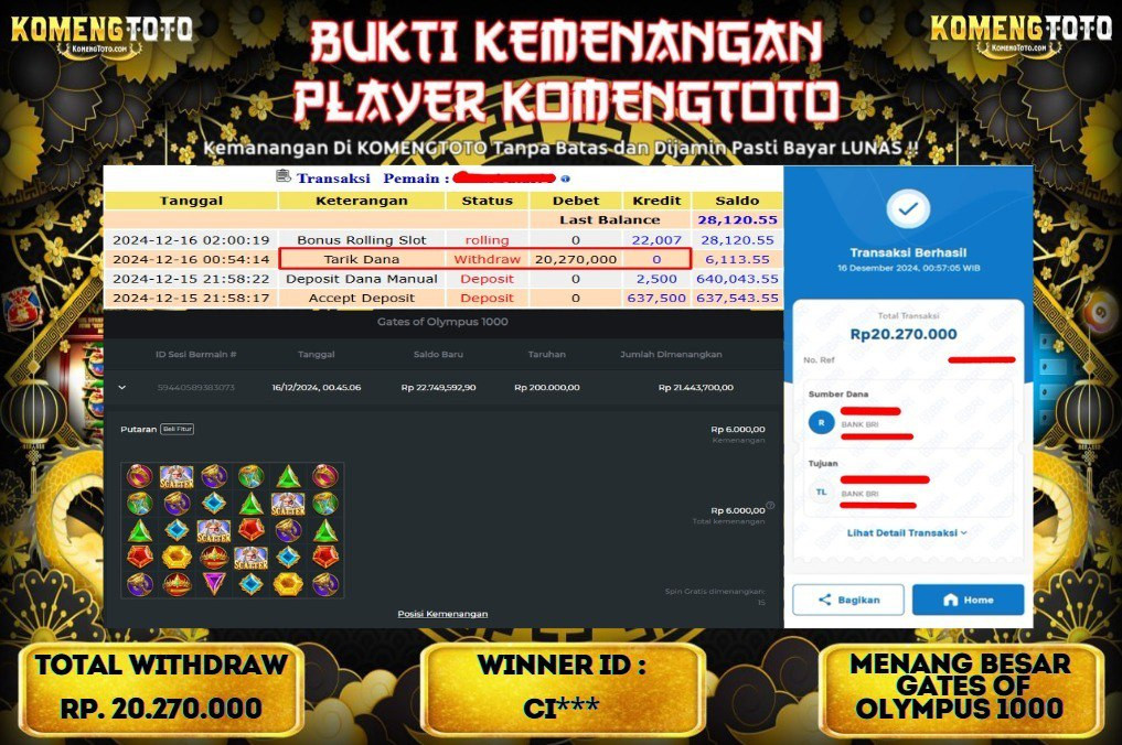 LAGI & LAGI!! KEMENANGAN BESAR DI  SLOT GATES OF OLYMPUS 1000 SEBESAR Rp.20.270.000 KOMENGTOTO BAYAR LUNAS SECEPAT KILAT !! KOMENGTOTO BAYAR SECEPAT KILAT !!