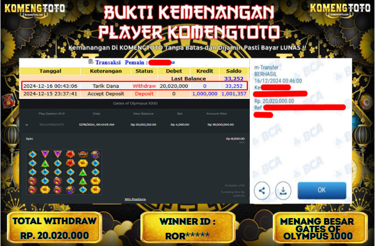 LAGI & LAGI!! KEMENANGAN BESAR DI SLOT  GATES OF OLYMPUS 1000  SEBESAR Rp.20.020.000 KOMENGTOTO BAYAR LUNAS SECEPAT KILAT !! KOMENGTOTO BAYAR SECEPAT KILAT !!