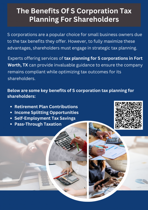 S corporation tax planning offers significant advantages to shareholders, including pass-through taxation, self-employment tax savings, and the ability to maximize retirement contributions. By working with experts offering services of tax planning for S corporations in Fort Worth, TX shareholders can ensure they are making the most of these benefits while remaining compliant with all tax regulations. To know more visit here https://www.alignedwealthadv.com/tax-planning-fort-worth-tx