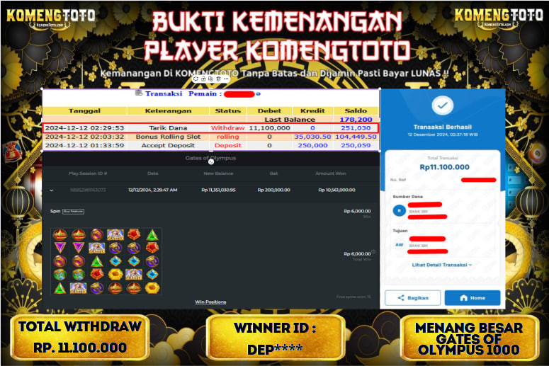 LAGI & LAGI!! KEMENANGAN BESAR DI SLOT  GATES OF OLYMPUS 1000  SEBESAR Rp.11.100.000 KOMENGTOTO BAYAR LUNAS SECEPAT KILAT !! KOMENGTOTO BAYAR SECEPAT KILAT !!