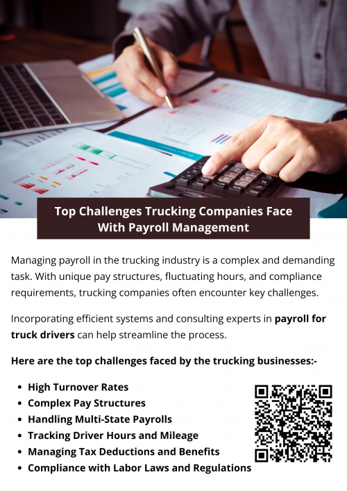 Payroll management for trucking companies is fraught with challenges, but solutions like advanced payroll software, regular compliance updates, and consulting experts in payroll for truck drivers can ease the burden. Addressing these challenges not only ensures accurate pay and compliance but also boosts employee satisfaction and operational efficiency. By investing in robust systems and expert guidance, trucking companies can focus on driving their business forward. To know more visit here https://www.truckersprocpa.ca/trucking-payroll-services