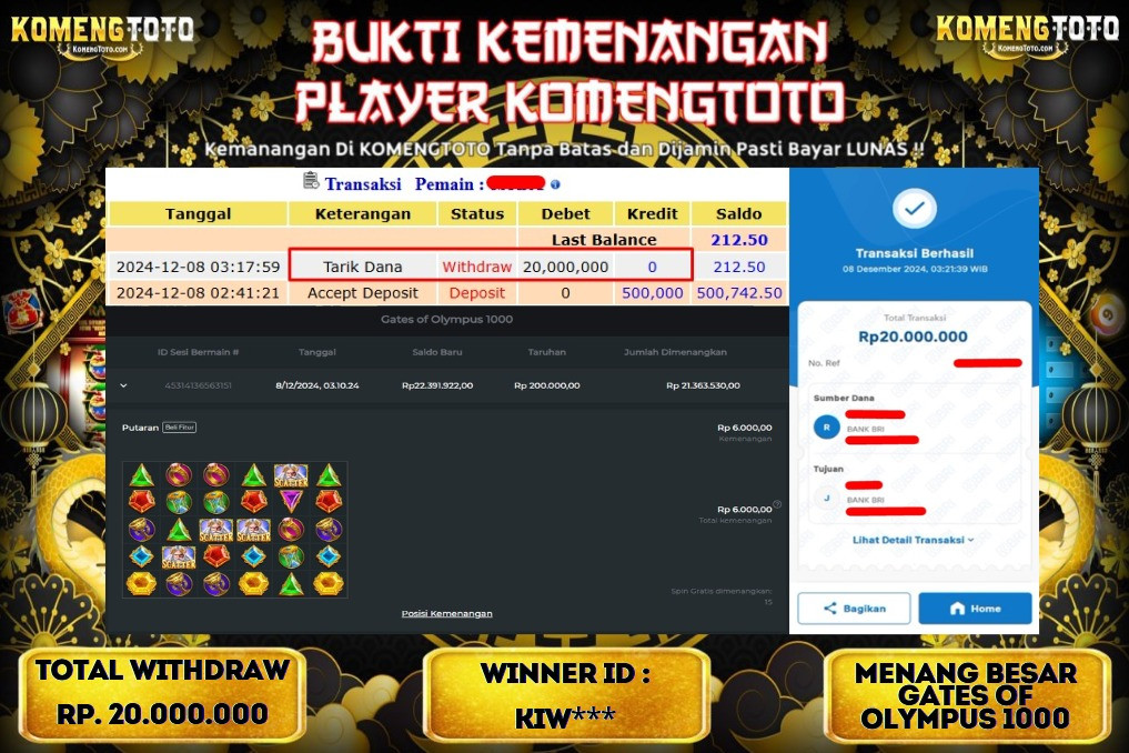 LAGI & LAGI!! KEMENANGAN BESAR DI SLOT  GATES OF OLYMPUS 1000  SEBESAR Rp.20.000.000 KOMENGTOTO BAYAR LUNAS SECEPAT KILAT !! KOMENGTOTO BAYAR SECEPAT KILAT !!
