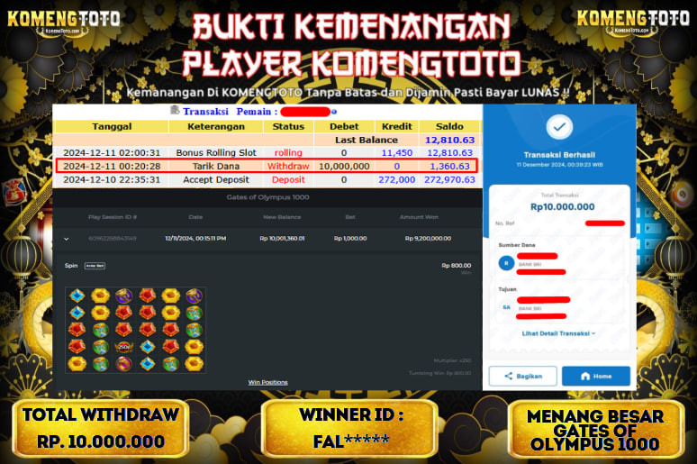 LAGI & LAGI!! KEMENANGAN BESAR DI SLOT  GATES OF OLYMPUS 1000  SEBESAR Rp.10.000.000 KOMENGTOTO BAYAR LUNAS SECEPAT KILAT !! KOMENGTOTO BAYAR SECEPAT KILAT !!