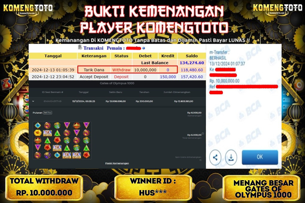 LAGI & LAGI!! KEMENANGAN BESAR DI SLOT  GATES OF OLYMPUS 1000  SEBESAR Rp.10.000.000 KOMENGTOTO BAYAR LUNAS SECEPAT KILAT !! KOMENGTOTO BAYAR SECEPAT KILAT !!