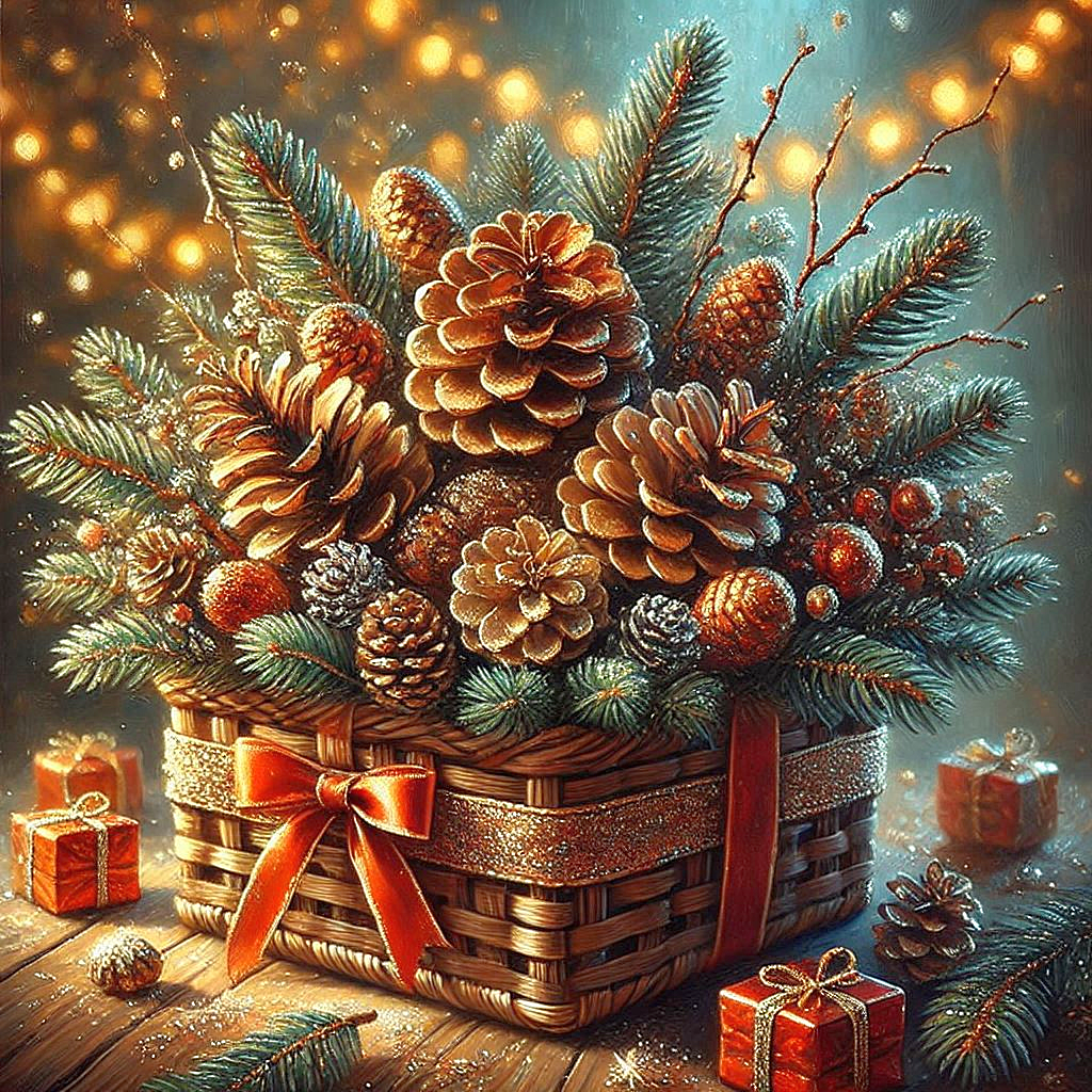 sharpness, in focus, medium frame, New Year gift basket with pine cones and fir branches, interior,