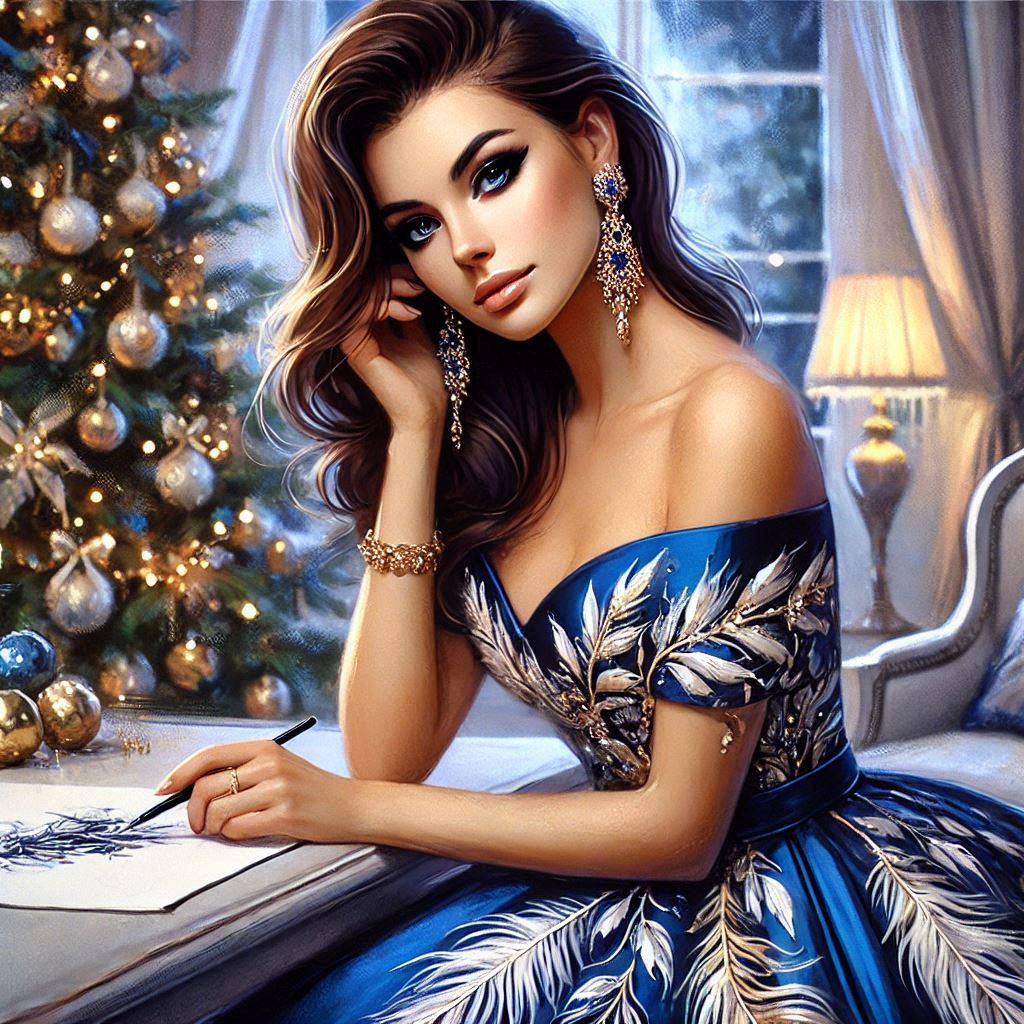 a beautiful elegant woman with expressive eyes, with evening makeup, in a chic dress with a full ski