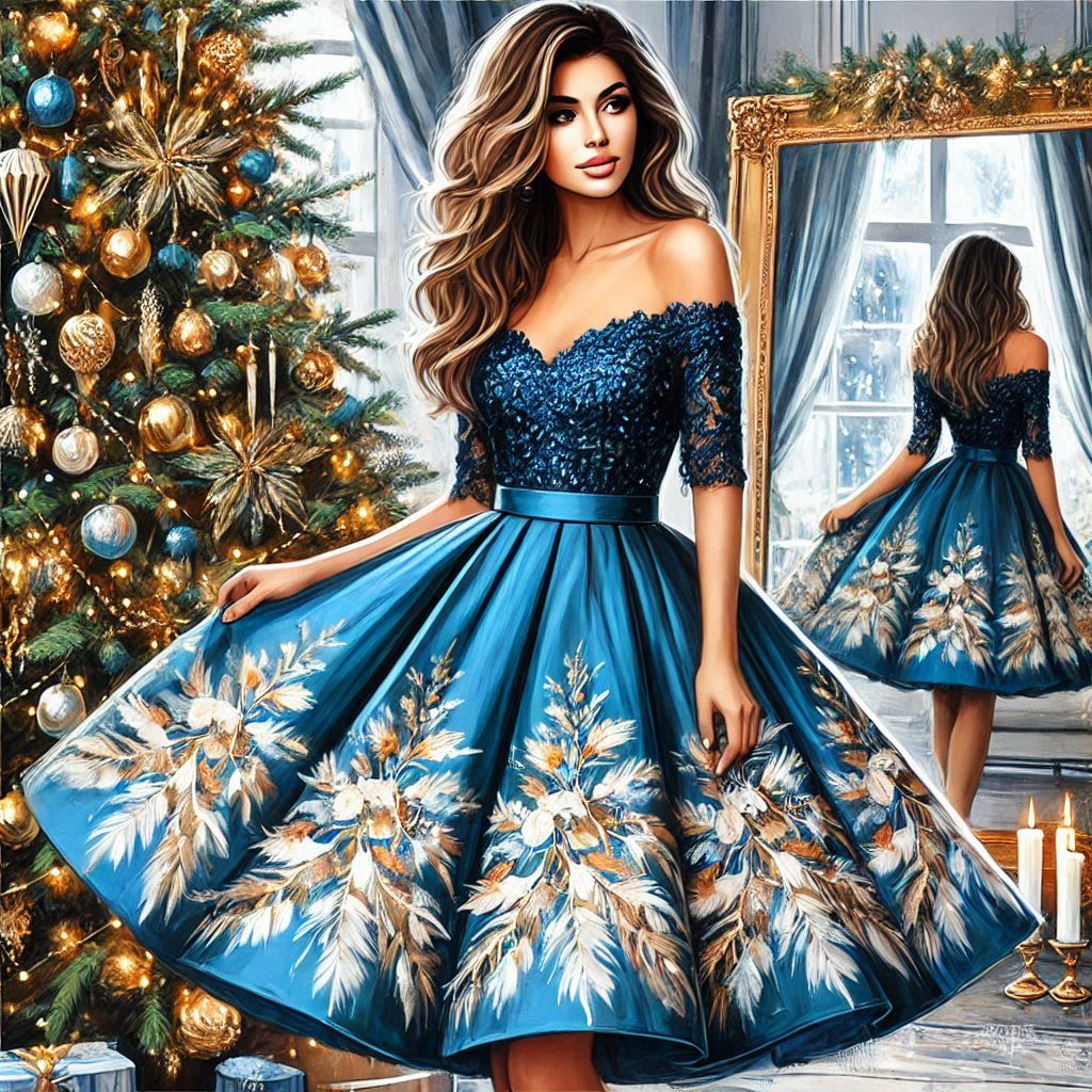 a beautiful luxurious woman in a chic dress with a full skirt below the knee in ultramarine color wi