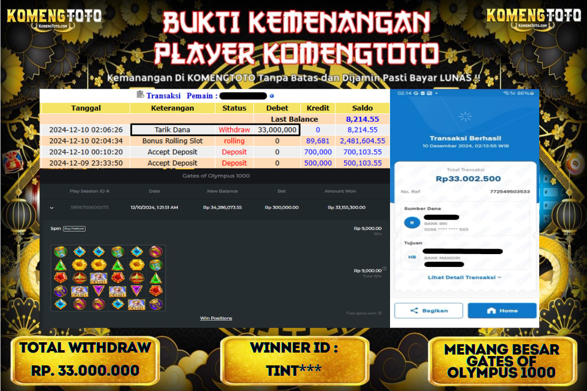 LAGI & LAGI!! KEMENANGAN BESAR DI SLOT  GATES OF OLYMPUS 1000  SEBESAR Rp.33.000.000 KOMENGTOTO BAYAR LUNAS SECEPAT KILAT !! KOMENGTOTO BAYAR SECEPAT KILAT !!