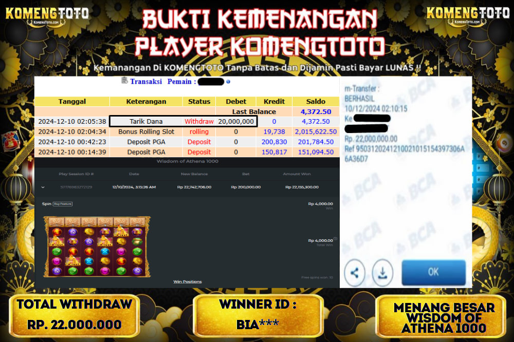 LAGI & LAGI!! KEMENANGAN BESAR DI SLOT  WISDOM OF ATHENA 1000  SEBESAR Rp.22.000.000 KOMENGTOTO BAYAR LUNAS SECEPAT KILAT !! KOMENGTOTO BAYAR SECEPAT KILAT !!