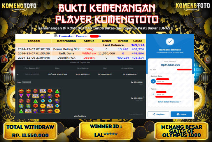 LAGI & LAGI!! KEMENANGAN BESAR DI SLOT  GATES OF OLYMPUS 1000  SEBESAR Rp.11.550.000 KOMENGTOTO BAYAR LUNAS SECEPAT KILAT !! KOMENGTOTO BAYAR SECEPAT KILAT !!
