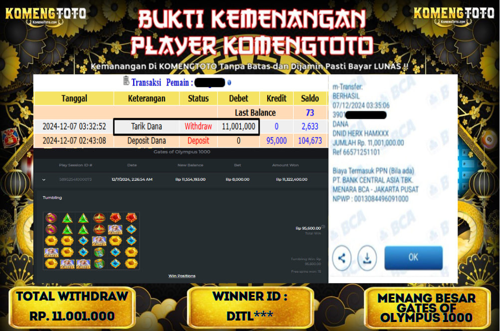 LAGI & LAGI!! KEMENANGAN BESAR DI SLOT  GATES OF OLYMPUS 1000  SEBESAR Rp.11.001.000 KOMENGTOTO BAYAR LUNAS SECEPAT KILAT !! KOMENGTOTO BAYAR SECEPAT KILAT !!