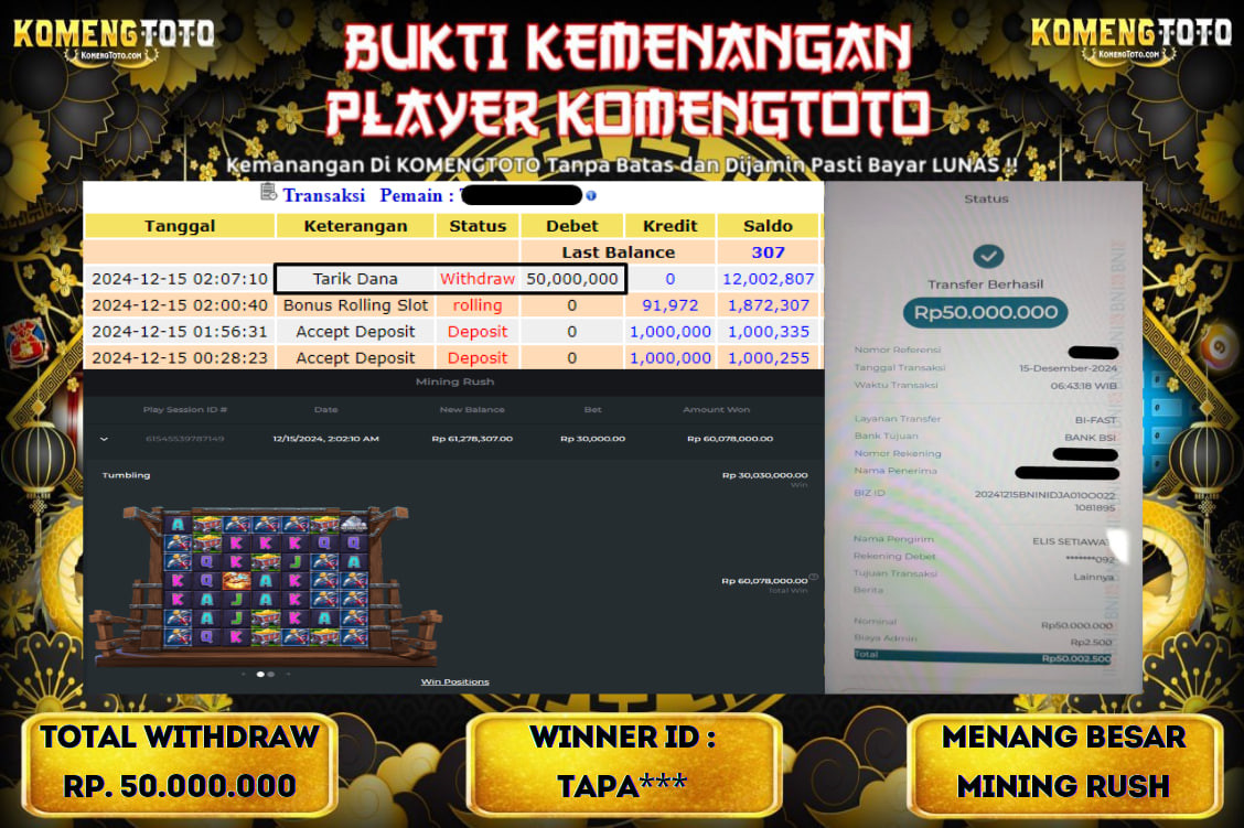 LAGI & LAGI!! KEMENANGAN BESAR DI  SLOT MINING RUSH  SEBESAR Rp.50.000.000 KOMENGTOTO BAYAR LUNAS SECEPAT KILAT !! KOMENGTOTO BAYAR SECEPAT KILAT !!