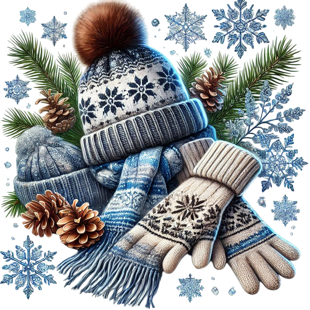 clarity, in focus, in the middle of the frame, Hat , scarf,gloves, blue and white winter patterns, l